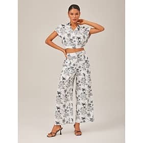 Vacation Sketch Print Shirt Collar Cape Sleeves Short-Sleeve Top