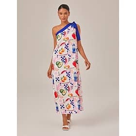 Color-block Printed Asymmetrical Off-shoulder Loose Maxi Dress