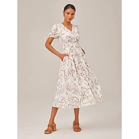 Abstract art print Linen-Like Fabric Waist-Cinching Maxi Dress