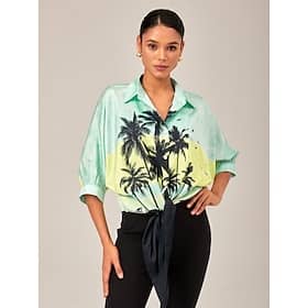 Gradient Background Palm Tree Tie-Front Top Casual Vacation Style