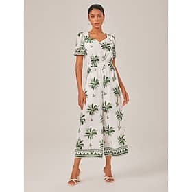 Holiday Print Waist Faux Linen Jumpsuit