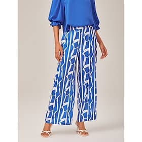 Ruched Waist Blue Printed Straight-Leg Pants