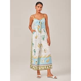 Vacation-Style Ocean-Themed Placed Print Jumpsuits