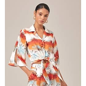 Summer Cuban Collar Tie-front Cropped Loose-fitting Floral Top