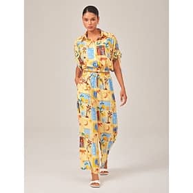 Tropical Collage Elastic Hem Shirt Wide leg Pants Set