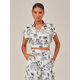 Vacation Sketch Print Shirt Collar Cape Sleeves Short-Sleeve Top
