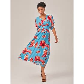 Blue Floral Summer V Neck Elegant Midi Dress