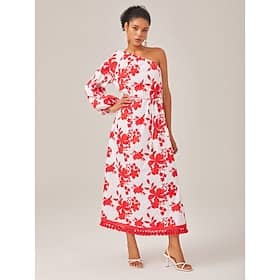 Floral Printed Asymmetrical Shoulder Maxi Dress