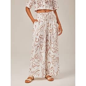 Artistic Print Elastic Tie Waist Linen-Like Fabric Wide-Leg Pants