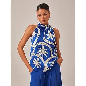 Geometric Print Sleeveless Top with Ruffle Tie Neck