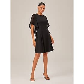 Black Ruffle Sleeve Color Block Midi Dress with Round Neck