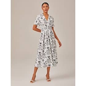 Black White Beach Print Vacation-Style Midi Dress