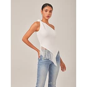 Ivory Asymmetry Fringe Knit Top