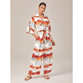 Floral Cuban Collar Cropped Top Wide leg Pants Set