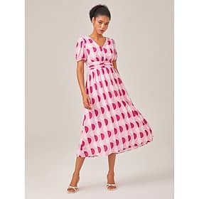 Pink Polka Dot Geometric Print Cinched Waist Dress