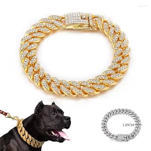 Dog Collars Cat Chain Collar With Diamond Luxury Metal Material 1.25cm Width Perro Rap Hip Hop Cuban Pet Jewelry Supplies Pet Supplies