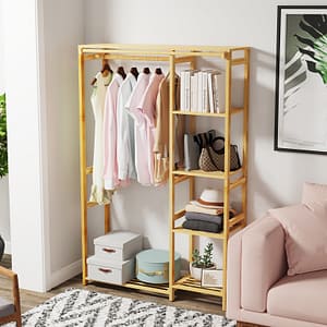 Bamboo Wardrobe Coat Stand Garment Rack with Shelves Clothing Hanging Rail Cabinet Clothes Storage Shelf Home  Garden