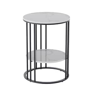 FATIVO Modern Round Storage Table Two-tier Open Spaces Sintered Stone Tabletop Side End Table with Gold Metal Frame Nightstand for Living Room