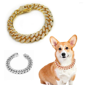 Dog Collars Rhinestone Metal Strong Gold Chain Collar Necklace Luxury Stainless Steel Puppy Cat Jewelry Pet Supplies