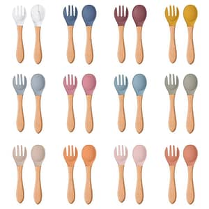 2Pcs Food Grade Silicone Tips Baby Feeding Training Spoon and Fork Set with Wooden Handle Toddlers Infant Eat Independently Acce Home  Garden