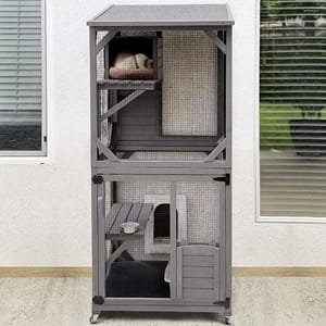 Cat Carriers House Outdoor Cage Enclosure On Wheels Large Wooden Kitty Catio With Resting Box PVC Layer Pet Supplies