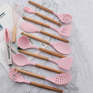 NEW Pink Cooking Kitchenware Tool Silicone Utensils with Wooden Multifunction Handle Non-Stick Spatula Ladle Egg Beaters Shovel Home  Garden