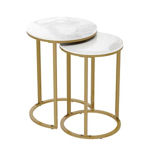 WISFOR Stacking Side Table: Modern Set of 2 Accent End Tables with White Sintered Stone-top Round Side Tables Golden Metal Legs Home  Garden