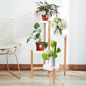 4-Tier Bamboo Plant Stand Potted Planter Rack Display Shelf Holder with Round White Shelvings Home  Garden