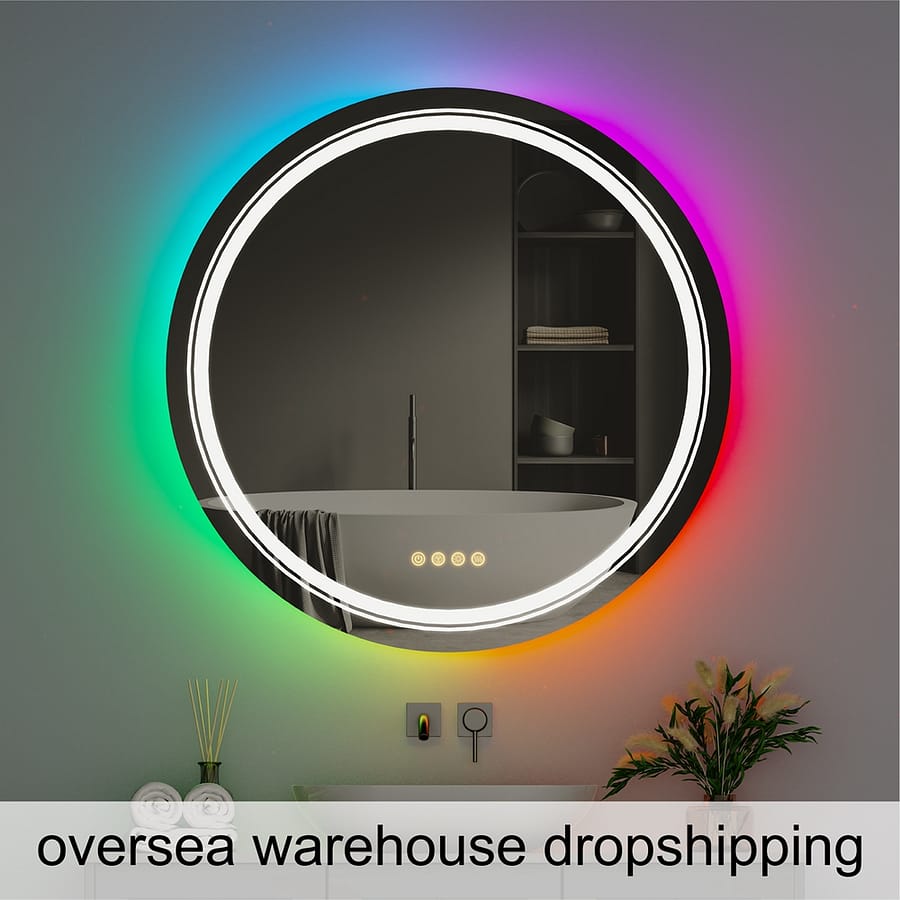 LUVODI 600x600mm Round Led Bathroom Mirror with RGB Backlit and Front Lit Wall Led Vanity Mirror with Dimming & Demister oversea warehouse dropshipping Home  Garden