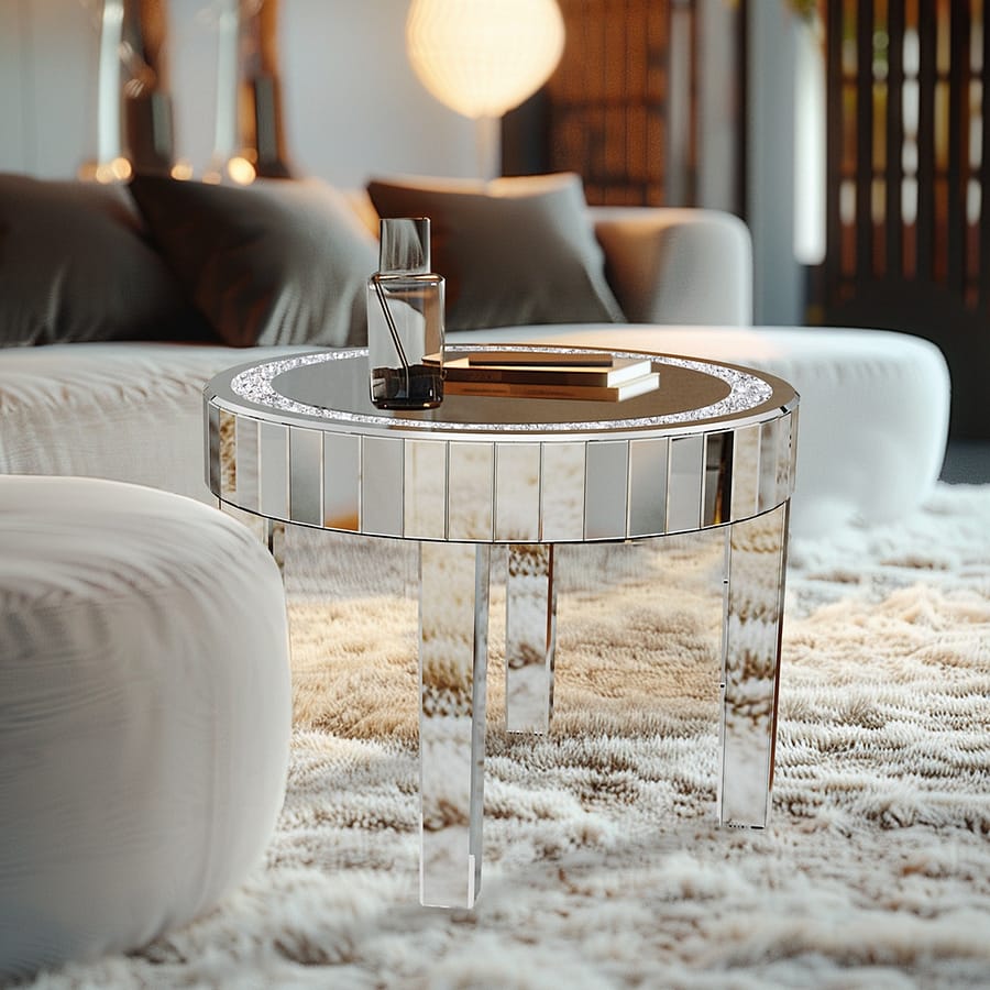 FATIVO Mirrored Side End Table: Modern Silver Mirrored Coffee Table with Crystal Diamonds Inlay Bedside Sofa Table for Living Room Bedroom Home  Garden