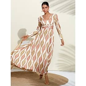 Satin Floral V Neck Maxi Dress White Long Sleeve Wedding Guest Dress Ascot Dress