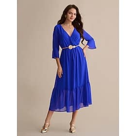 Chiffon Wedding Guest Royal Blue Belted 3/4 Length Sleeve V Neck Midi Dress dress to impress 2024