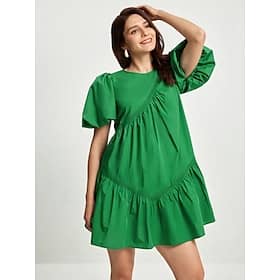 Women's Cotton Knee Length Dress Green Casual Puff Sleeve Crew Neck Summer