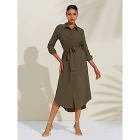 Satin Lace Up Button Casual Midi Shirt Dress