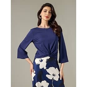 Navy Blue Flare Cuff Sleeve Knot Front Blouse