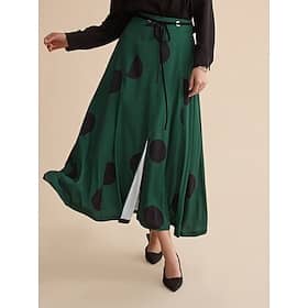 Satin Polka Dot Peplum Belted Split Ends Maxi Skirt