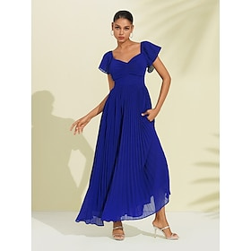 Royal Blue Chiffon Pleated Wedding Guest/Party A Line V Neck Short Sleeve Maxi Dress dress to impress 2024