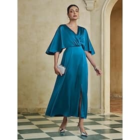 Satin Peacock Blue Ruched Solid Split Hem Maxi Dress