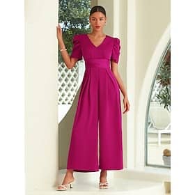 Women's Satin Burgundy Royal Blue Puff Sleeve Wide Leg Jumpsuit Special Occasion Jumpsuit