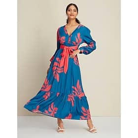 Satin Wedding Guest Intricate Craftsmanship A line Leaf Print Long Sleeve V Neck Maxi Dress