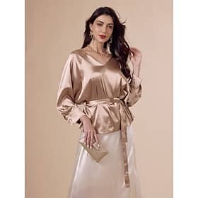 Satin Gold Belted V Neck Elegant Blouse