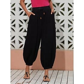 Women's Linen Black Loose Pleated Adjustable Drawstring Dhoti Pants with Pockets