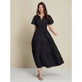 Women's Wedding Guest Black Dress Cotton Maxi Dress Essential Casual V-Neck Cinched Waist Shirred Layered Dress