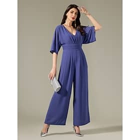 Chiffon Shirred Magyar Sleeve V Neck Jumpsuit