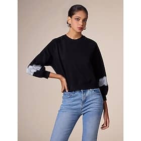 Cotton Blend Lace Trim Sleeves Ribbed Hem Black Sweatshirt