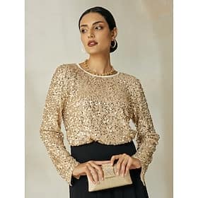 Sequin Apricot Split Ends Long Sleeve Blouse