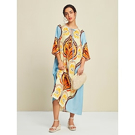 Satin Folk Print Loose Midi Dress