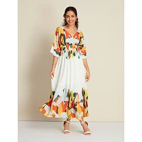 Satin Graphic Tie Back V Neck Half Sleeve Hem Maxi Dress