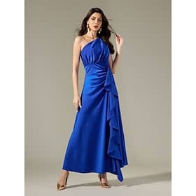 Satin Blue Sleeveless One Shoulder Ruffle Maxi Dress