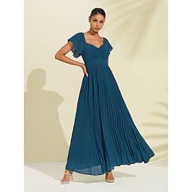 Women's Chiffon Wedding Guest Maxi Dress Elegant Blue Sweetheart Pleated V-Neck Short Sleeve A-Line Formal Evening Dress